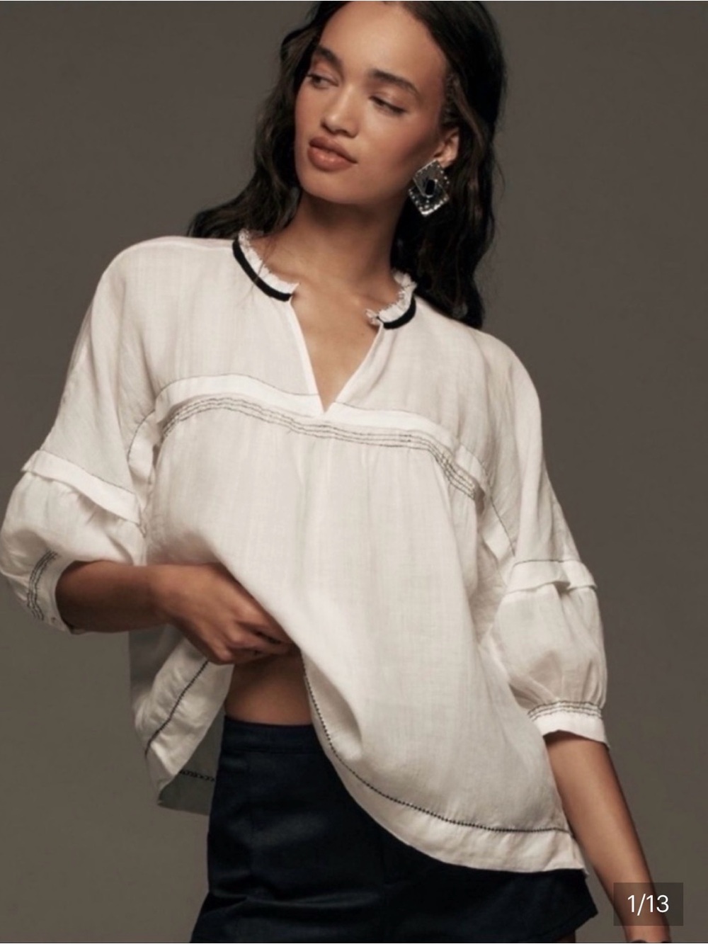 Anthropologie Maeve White Split-Neck Tunic with Contrast Trim